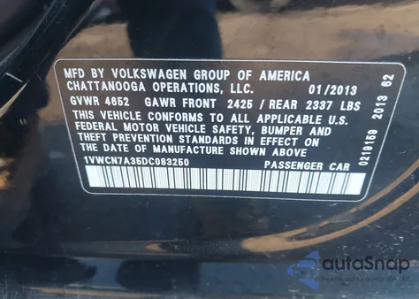 2013 Volkswagen Passat 2.0L Tdi Sel Premium from USA, damaged, VIN 1VWCN7A35DC083250